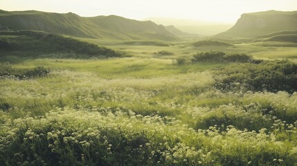Obraz premium A large field of grass with flowers scattered throughout
