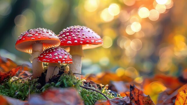 Three red mushrooms are on a leafy background