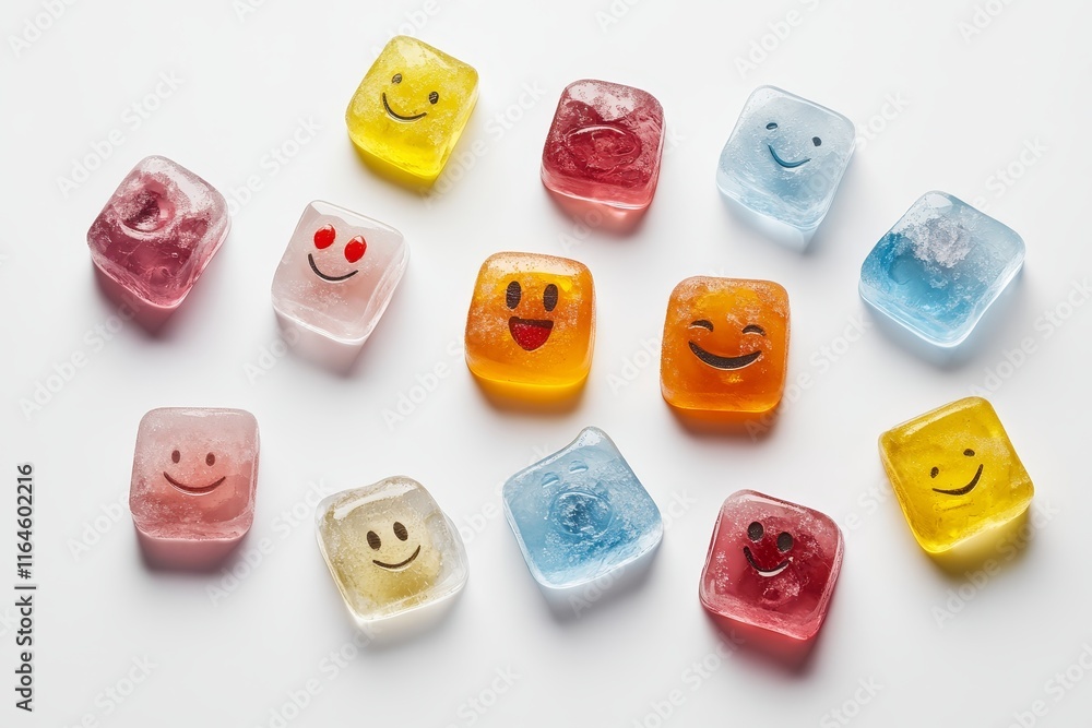 Poster a row of ice cubes with faces on them. some are smiling and some are frowning. there are a total of 
