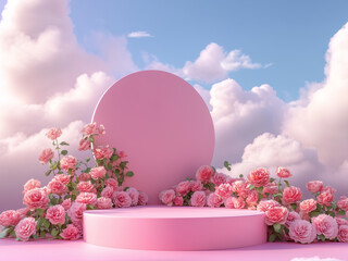 Elegant Pink Podium with Floral Decor and Sky Backdrop, Beautiful Pink Podium with Flowers and Cloudy Sky, Beautiful Pink Podium with Flowers, Pink podium for mockup, romance love concept