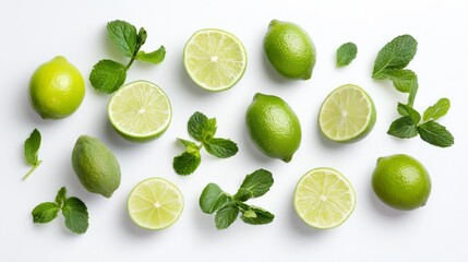 Fresh lime and mint sprigs arranged on a crisp white background for a refreshing look.