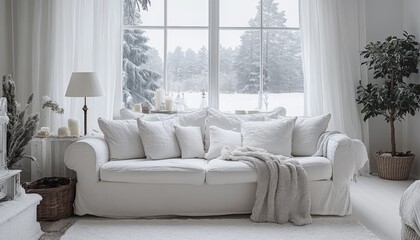 Fototapeta premium Cozy White Sofa in Snowy Winter Living Room Interior Design
