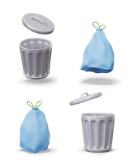Round metal trash can with lid, trash bag with ties. Open aluminum container for household waste. Set of vector isolated templates in different positions