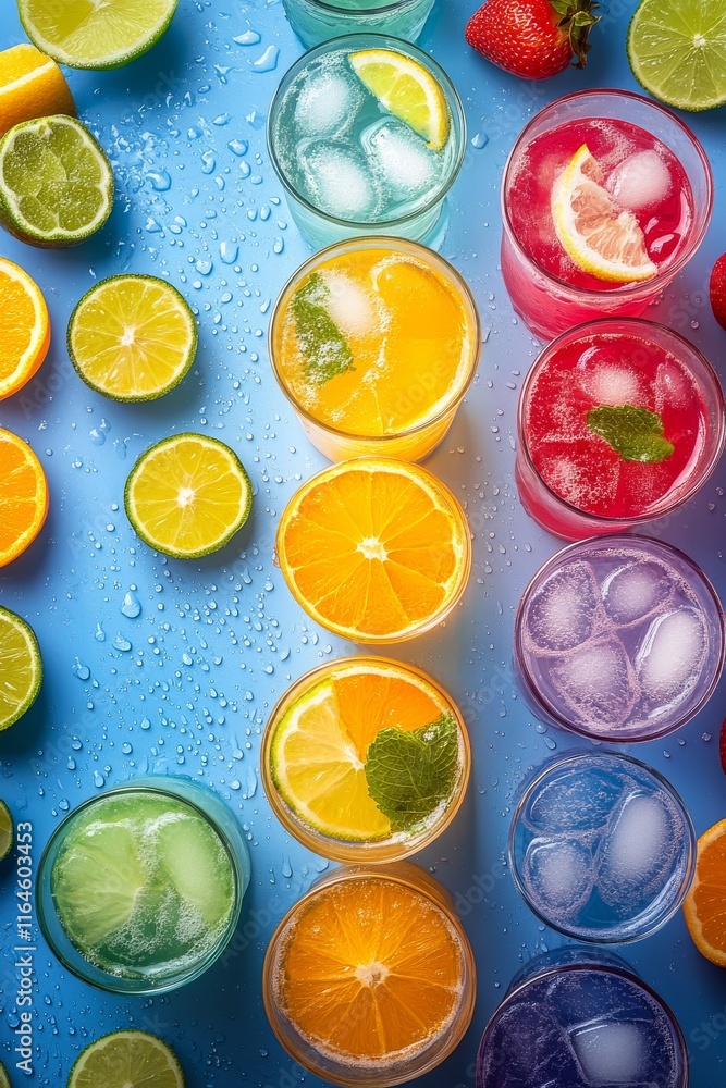 Aufkleber a row of colorful drinks with ice cubes and fruit slices. the drinks are in glasses of different col