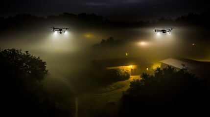 Surveillance Drones Over Rural Night Scene