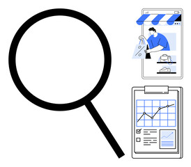 Magnifying glass centerpiece, online shopping illustrated on a smartphone, and analysis on a clipboard. Ideal for market research, e-commerce, business strategy, data analysis, online retail, digital