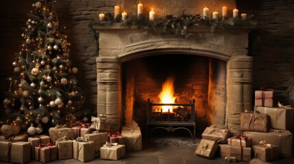 A cozy fireplace with a Christmas tree in the background. The fireplace is surrounded by boxes of presents, creating a warm and festive atmosphere