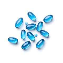 Medical blue capsules pile top view isolated on white