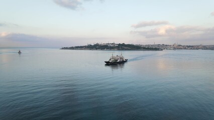 Aerial drone ferryboat traveling Bosphorus Istanbul