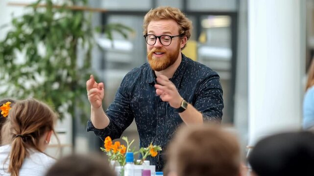 red hair young teacher explaining topic to a children in class 

