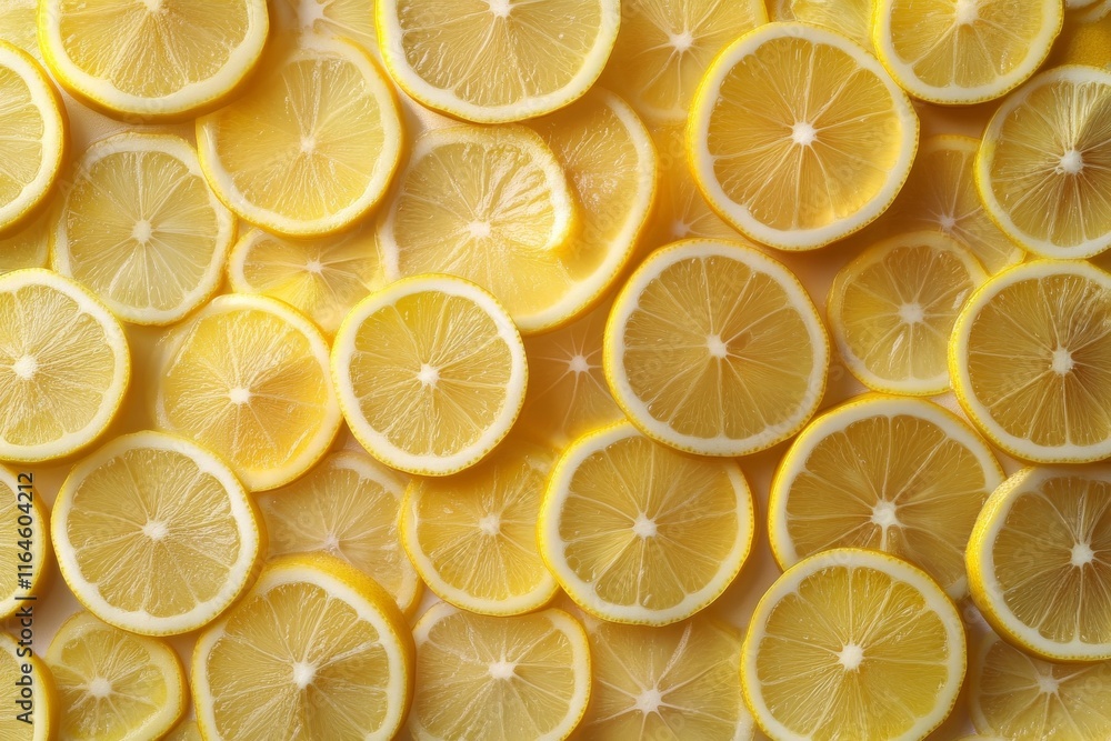 Poster a close up of many slices of lemon arranged in a pattern. concept of freshness and brightness, as th