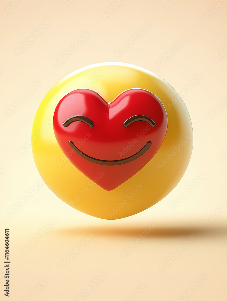 Poster smiling yellow emoji with a heart eyes design floating against a soft beige background. generative a