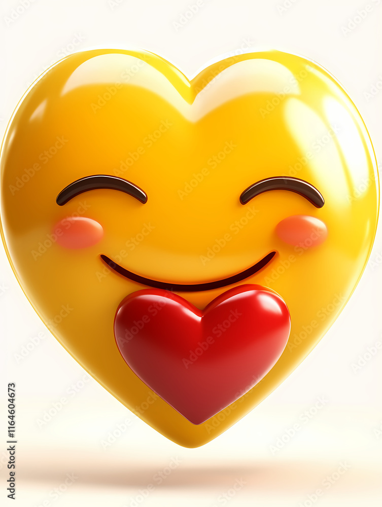 Poster bright yellow happy heart emoji with smiling face and red heart symbol enhancing joy and affection. 