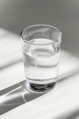 A glass of water is sitting on a table. The glass is half full and the water is clear. Concept of simplicity and calmness