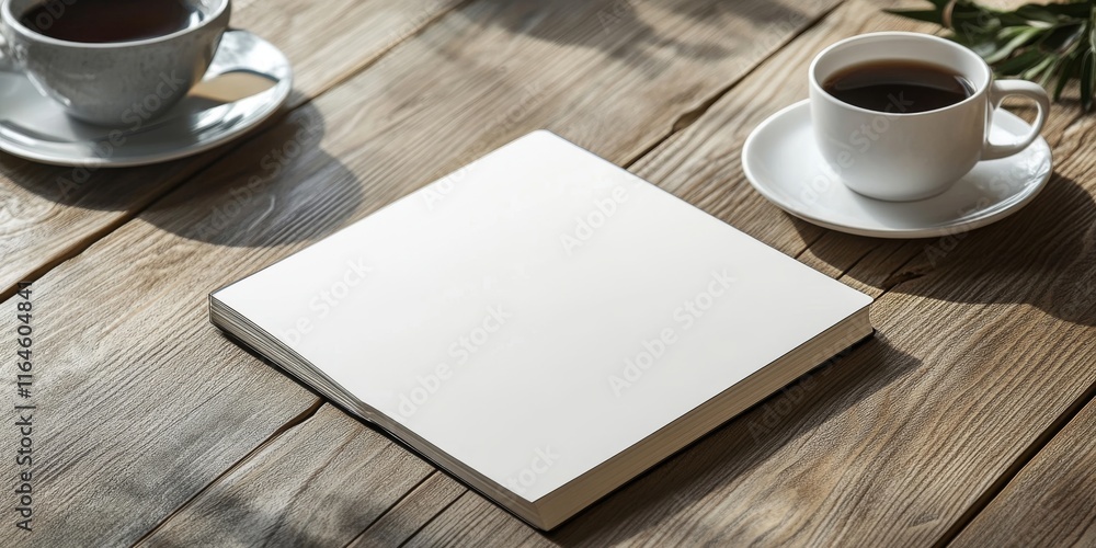 Poster a white notebook sits on a wooden table with two cups of coffee. concept of relaxation and contempla