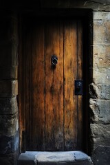 A wooden door with a metal handle and a black knob. The door is old and has a rustic appearance