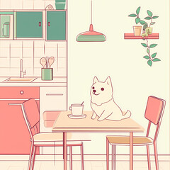 Bright kitchen with a cozy table and a dog enjoying a drink in a minimalist design setting. Generative AI