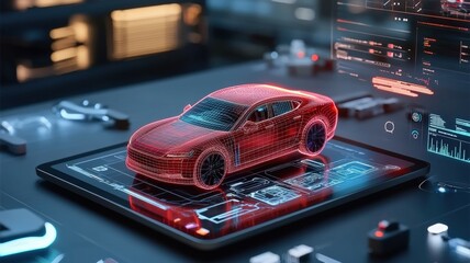 A futuristic digital representation of a red car displayed on a tablet, surrounded by high-tech interfaces and tools, symbolizing innovation in automotive technology.