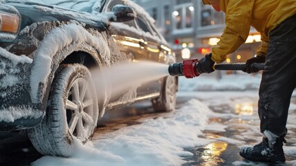 A person cleans a car tire covered in snow and foam, using a pressure washer, on a winter day in an urban setting.