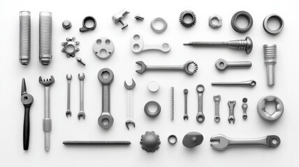 A stylish arrangement of various metallic tools and fasteners on a light background, showcasing their intricate designs and functionality.