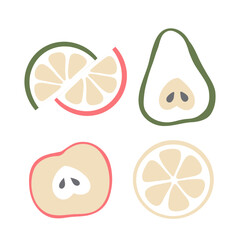Modern Minimalistic Fruit Set, apple, pear, orange, lime, citrus slices in simple flat style isolated on white background. Collection of abstract vector fruit for interior, poster, banner.