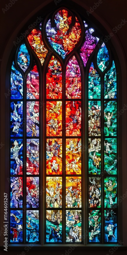 Poster a stained glass window with a rainbow of colors and a man in the middle. the window is very colorful