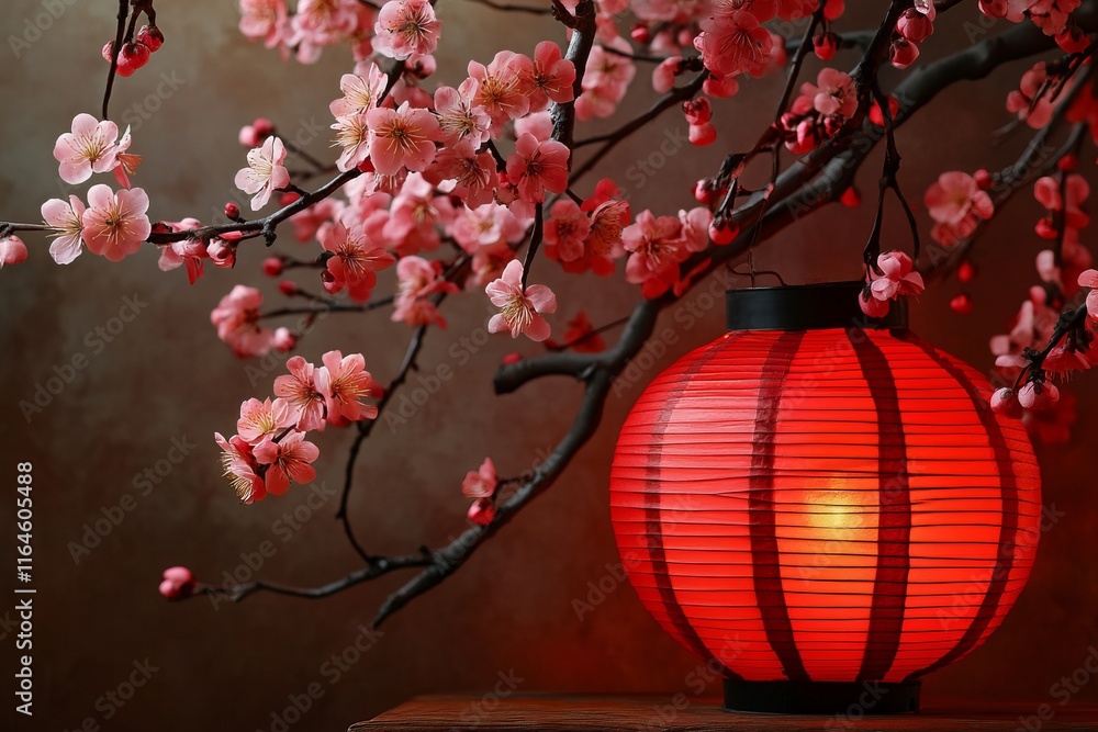 Aufkleber a red lantern sits on a table next to a tree with pink blossoms. the lantern is lit, creating a warm