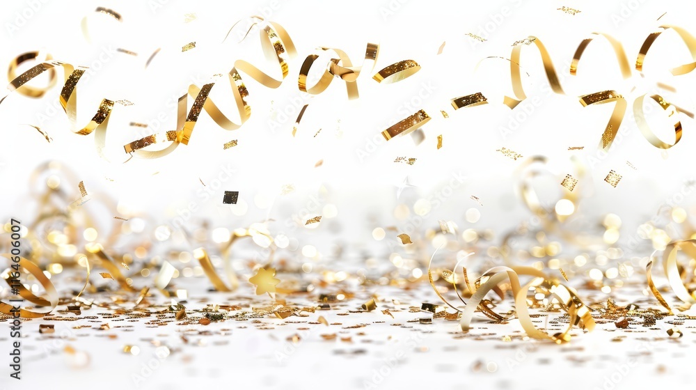 Poster a beautiful display of gold streamers falling from the sky. the streamers are of varying sizes and a