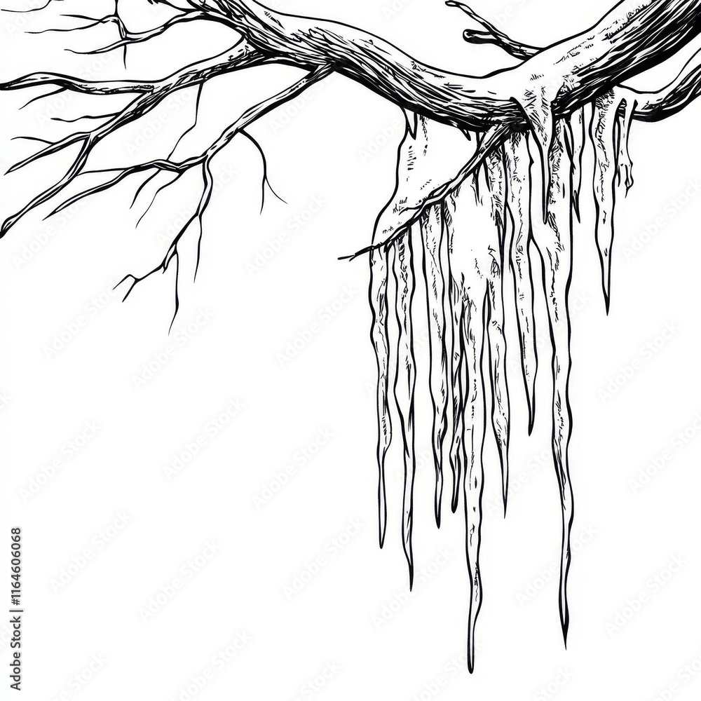 Poster ink drawing of a snow-laden tree branch with icicles.