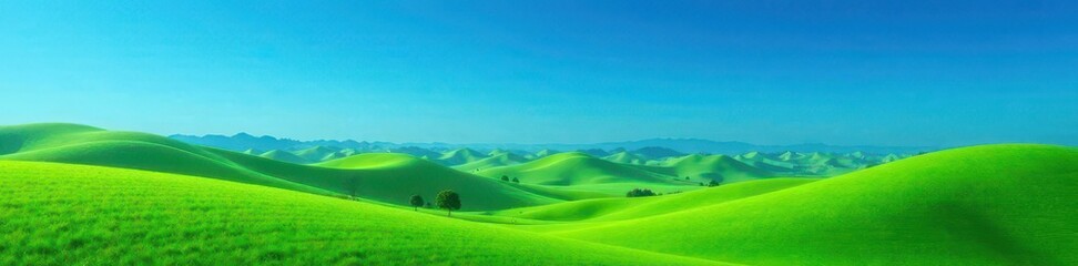 Rolling hills of vibrant green against a deep blue sky, photography, scene, view