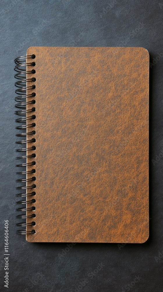 Poster a brown spiral bound notebook with a black spine. the notebook is open to a blank page