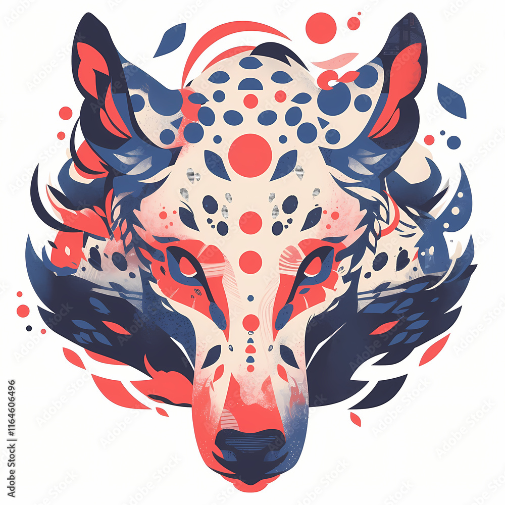 Poster colorful artistic representation of a wolf surrounded by abstract shapes and patterns. generative ai