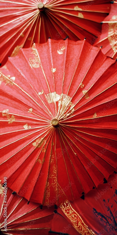 Poster A group of red umbrellas with gold accents. The umbrellas are arranged in a circular pattern