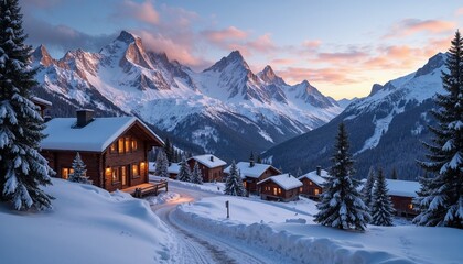 Fototapeta premium Snowy Mountain Village with Warmly Lit Wooden Houses and Alpine Peaks