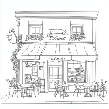 Line drawing of a charming street-side cafe with outdoor seating, awning, and potted plants.