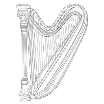 recommend clip art: Line drawing of a harp, musical instrument with strings and ornate pillar.