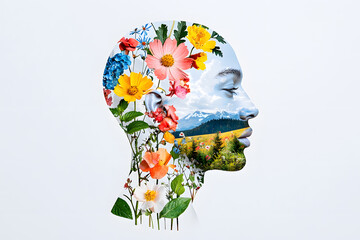 Silhouette of a head filled with flowers and leaves, symbolizing mental health