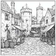 Medieval market street scene with stone buildings, stalls, and barrels.