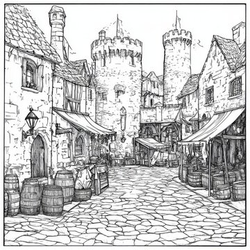 Fototapeta Medieval market street scene with stone buildings, stalls, and barrels.