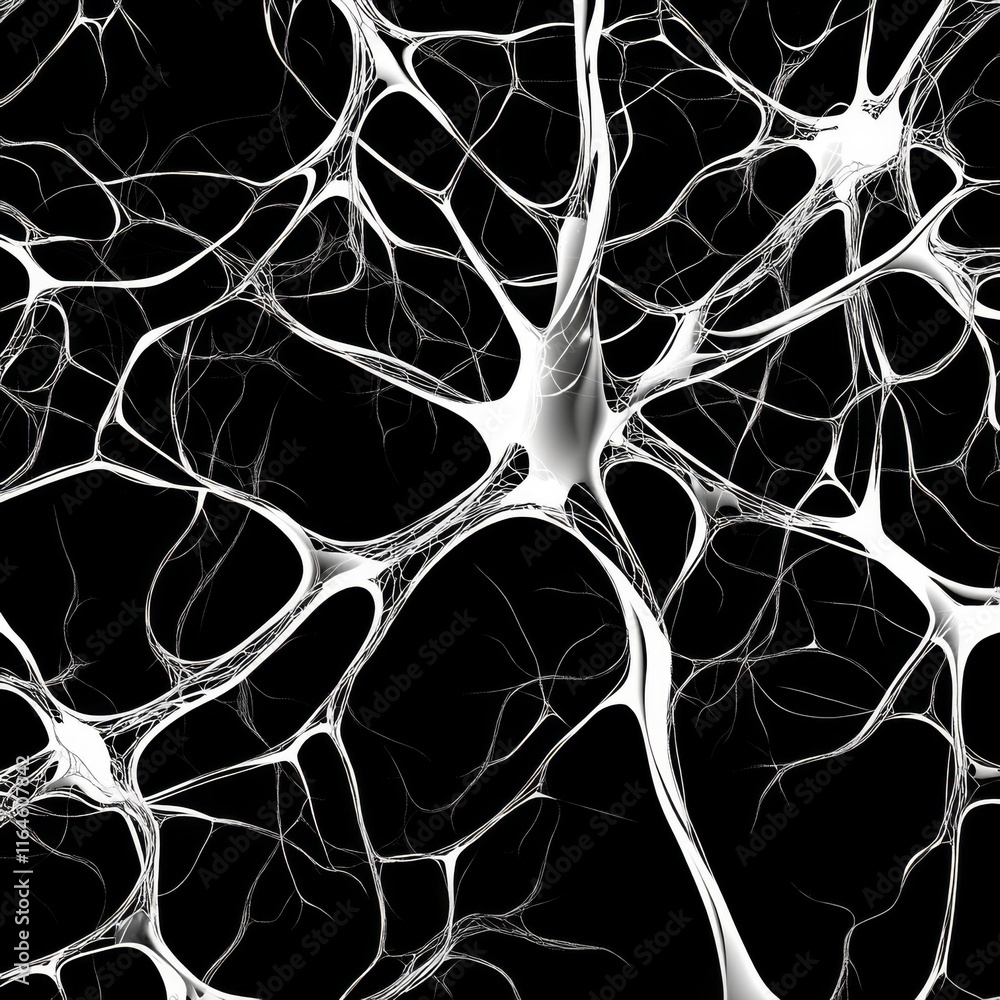 Poster microscopic view of neuron network, complex branching structure, white on black background.