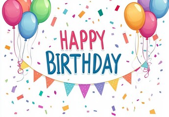 happy birthday text with bunting flags and confetti