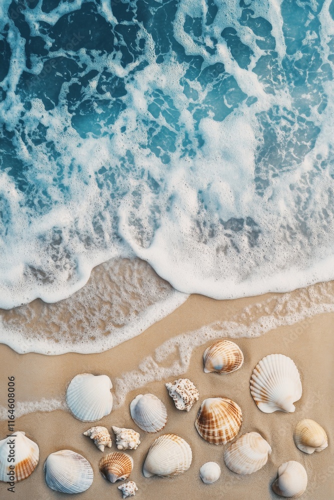 Poster a beach scene with a large wave and a variety of shells scattered across the sand. the shells come i