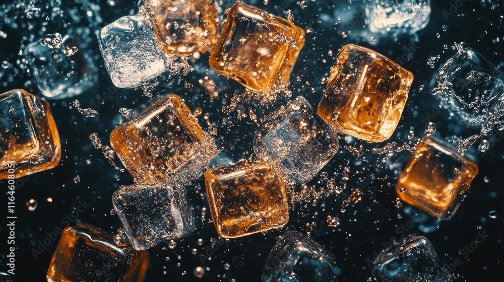 Poster a bunch of ice cubes are floating in the air. the ice cubes are orange and blue. the image has a pla