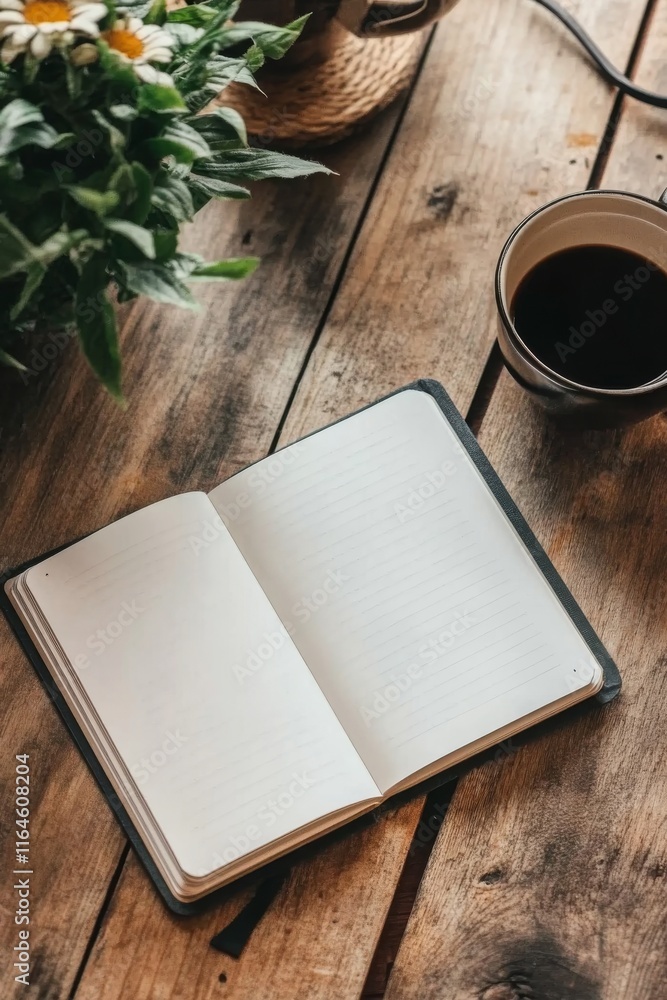 Poster a notebook is open on a wooden table with a cup of coffee next to it. the notebook is empty, and the
