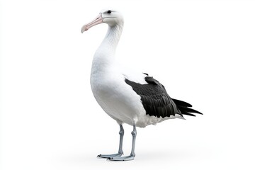 Fototapeta premium A stunning albatross standing gracefully on a white background, highlighting its striking black and white plumage and elegant posture.