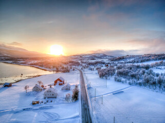 Sunset over a Norwegian village in winter