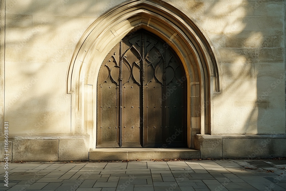 Poster the archway of a building is made of stone and has a wooden door. the door is open and the archway i