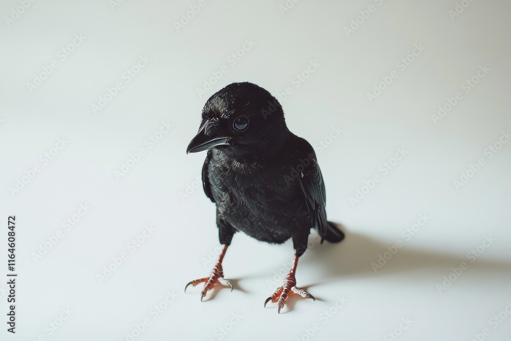 Poster a black bird with glossy feathers stands on a white surface, showcasing its sharp beak and detailed 