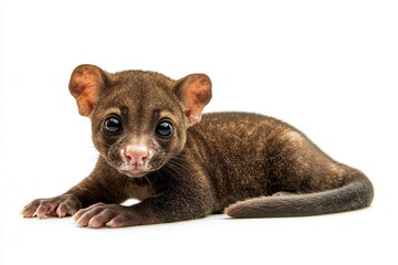 Obraz premium Adorable kinkajou with large eyes and soft fur, captured in a studio setting on a plain white background.