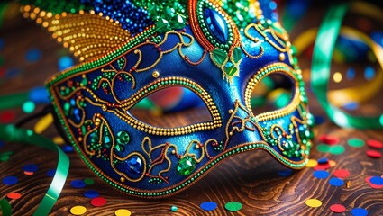 Fototapeta premium Blue and gold beaded masquerade mask with confetti on table